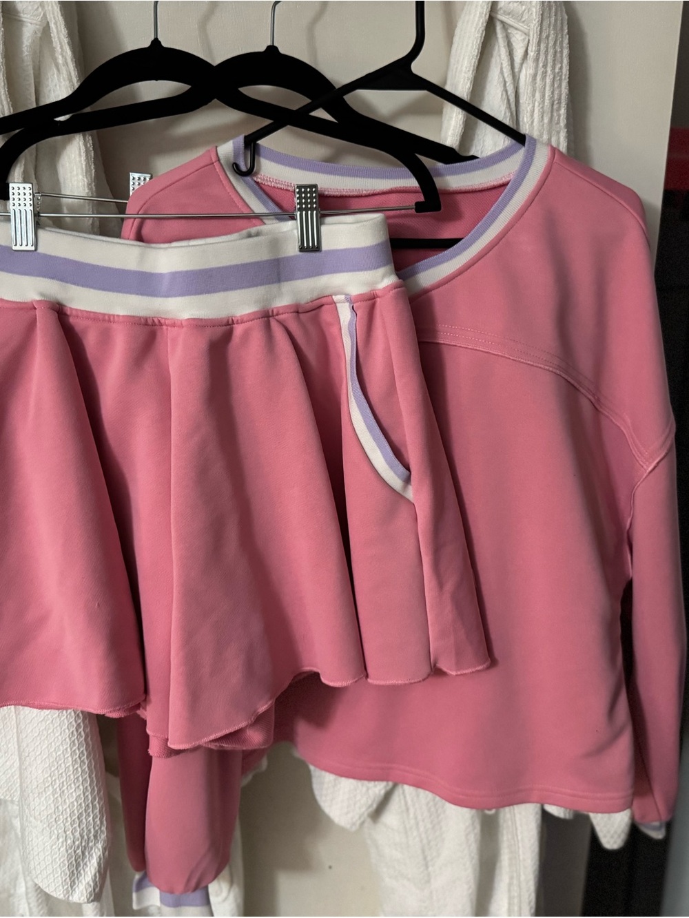 Pink Two-Piece Sweatshirt and Short Set with Stripe Trim